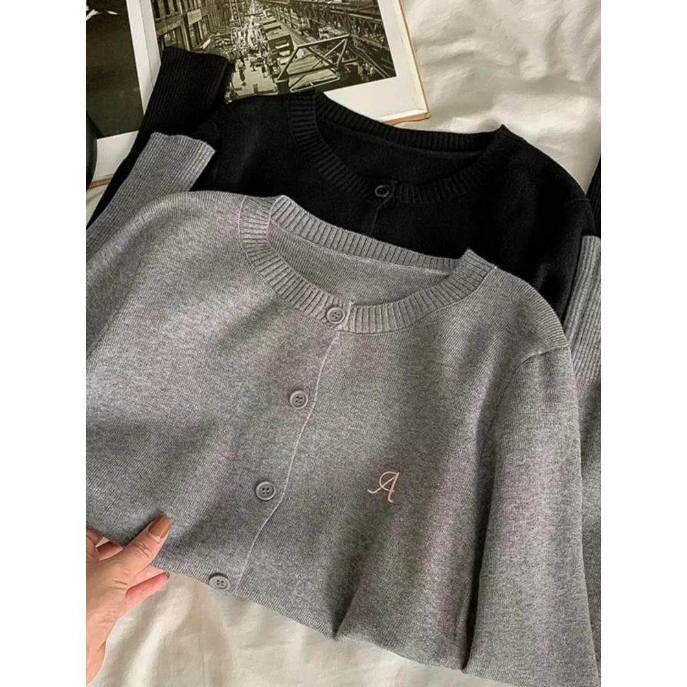 라운드넥 카디건 가디건 여성 의류 캐주얼 니트 면혼방 긴팔 knit 24FW 슬림핏 - 상품 이미지
