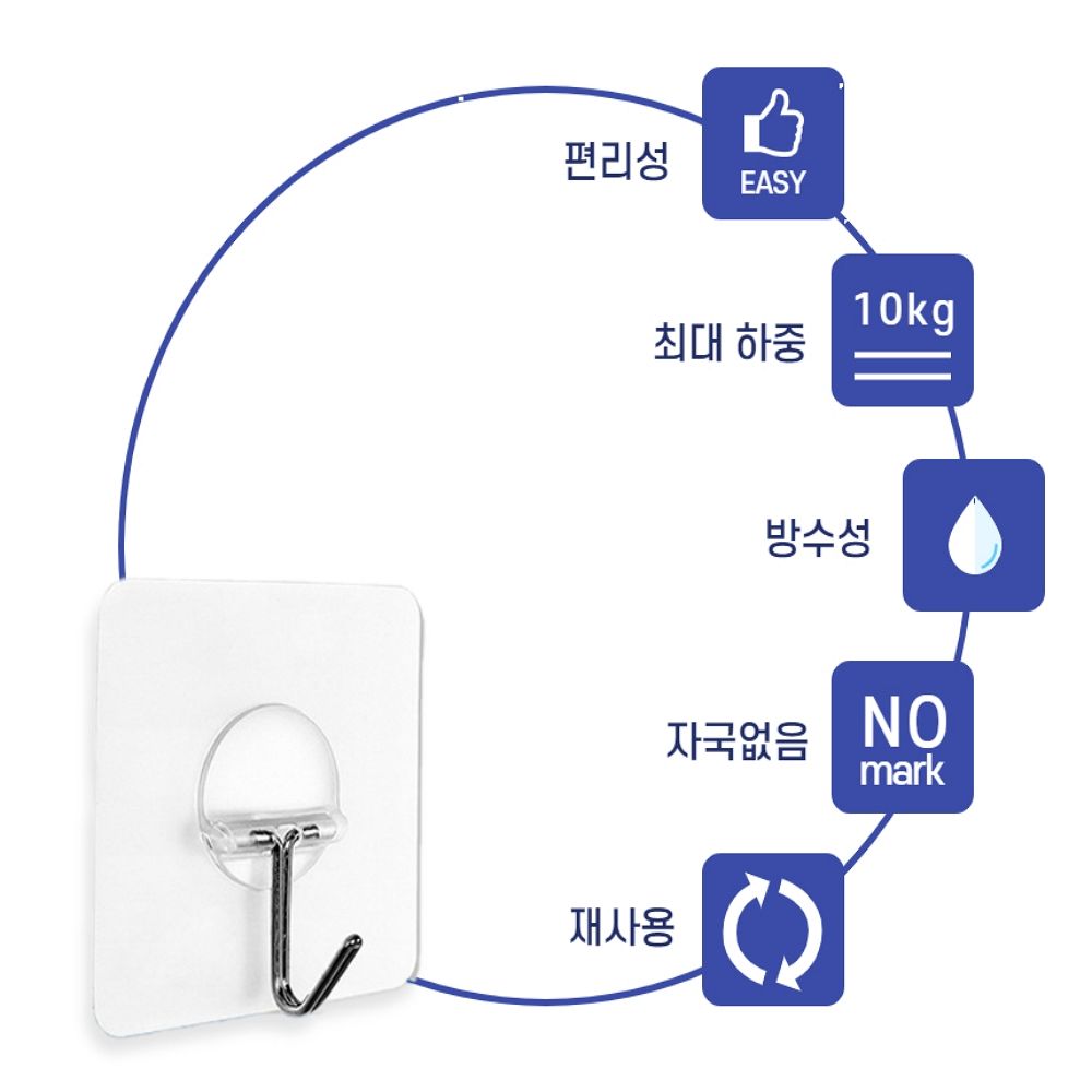 벽걸이 후크 고리 무타공 못없이 액자걸기 접착 벽 옷걸이 접착식 투명 매직후크 8p - 상세 이미지 2