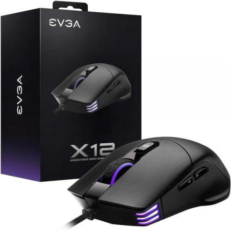 EVGA [해외]EVGA X12 게이밍 마우스, 8k, 유선, 블랙, 사용자 지정 가능, 듀얼 센서, 16,000 DPI, 5개의 프로필, 8개의 버튼, 양손잡이용 경량, RGB, 905-