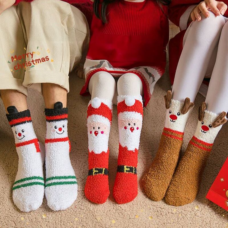 따뜻한 크리스마스 수면 양말 겨울 극세사 기모 보온 롱 털 산타 루돌프 눈사람 덧신