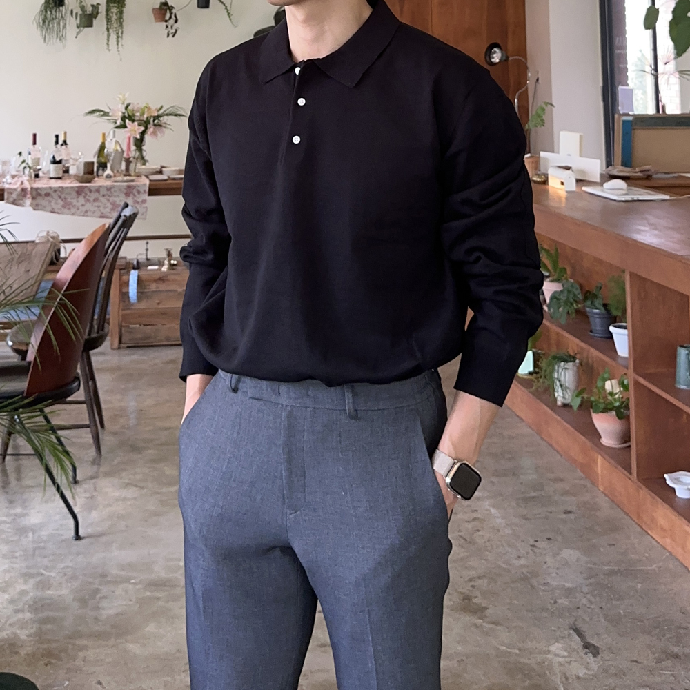 남자 카라 니트 위셔블 오버핏 헨리넥 남성 니트 스웨터 - 메인 이미지