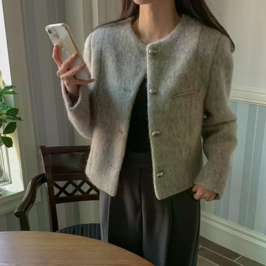 우아한 트위드  싱글 브레스트 몸집이 작은 자켓 기존 두께 긴 소매 라운드 목소매 숏기장 - 상품 이미지