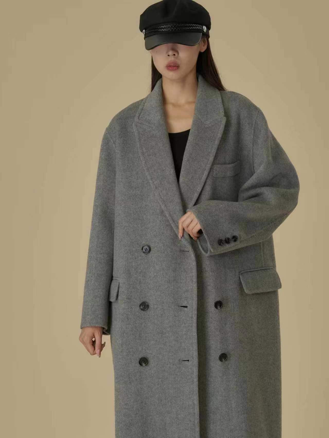 울100%  오버 헤링본 메리노울 더블 롱코트 상세 이미지 8
