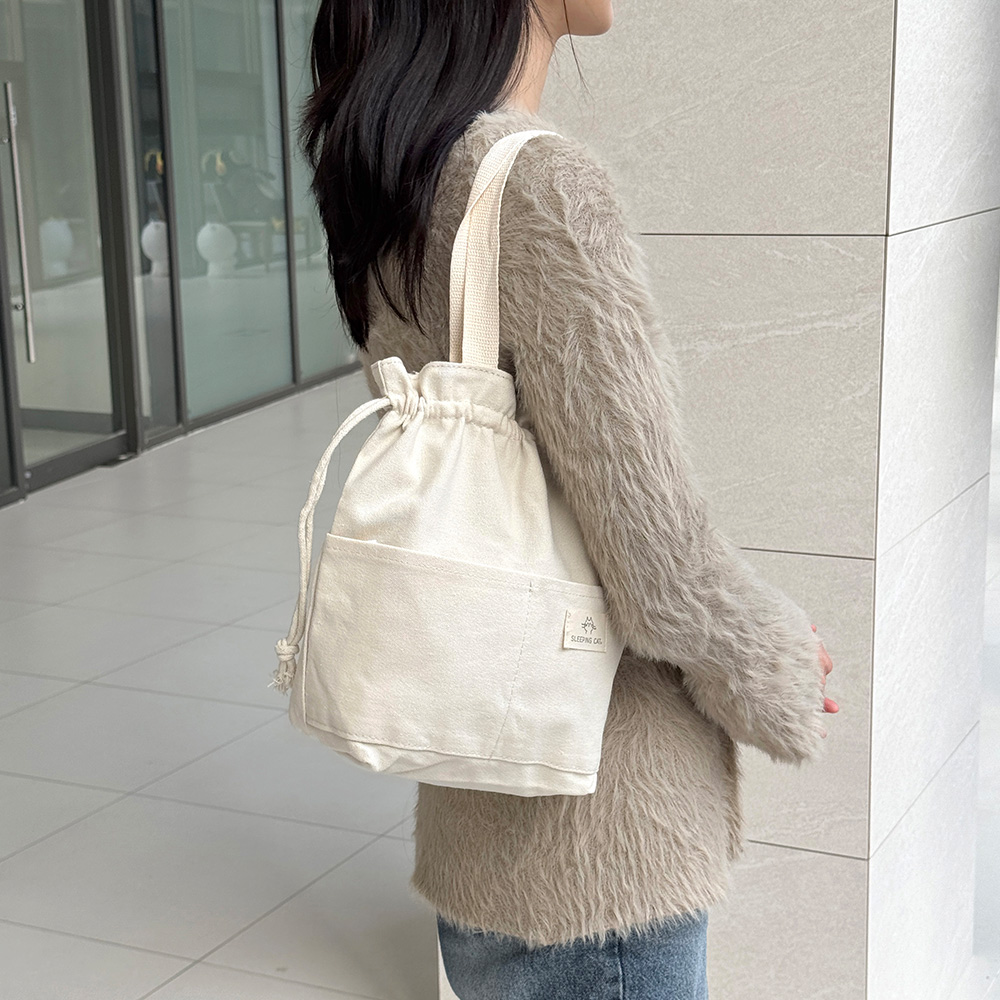 면 코튼 보온 보냉 토트백 심플한 손목 팔목가방 가벼운 아이보리 천핸드백 - 상세 이미지 2