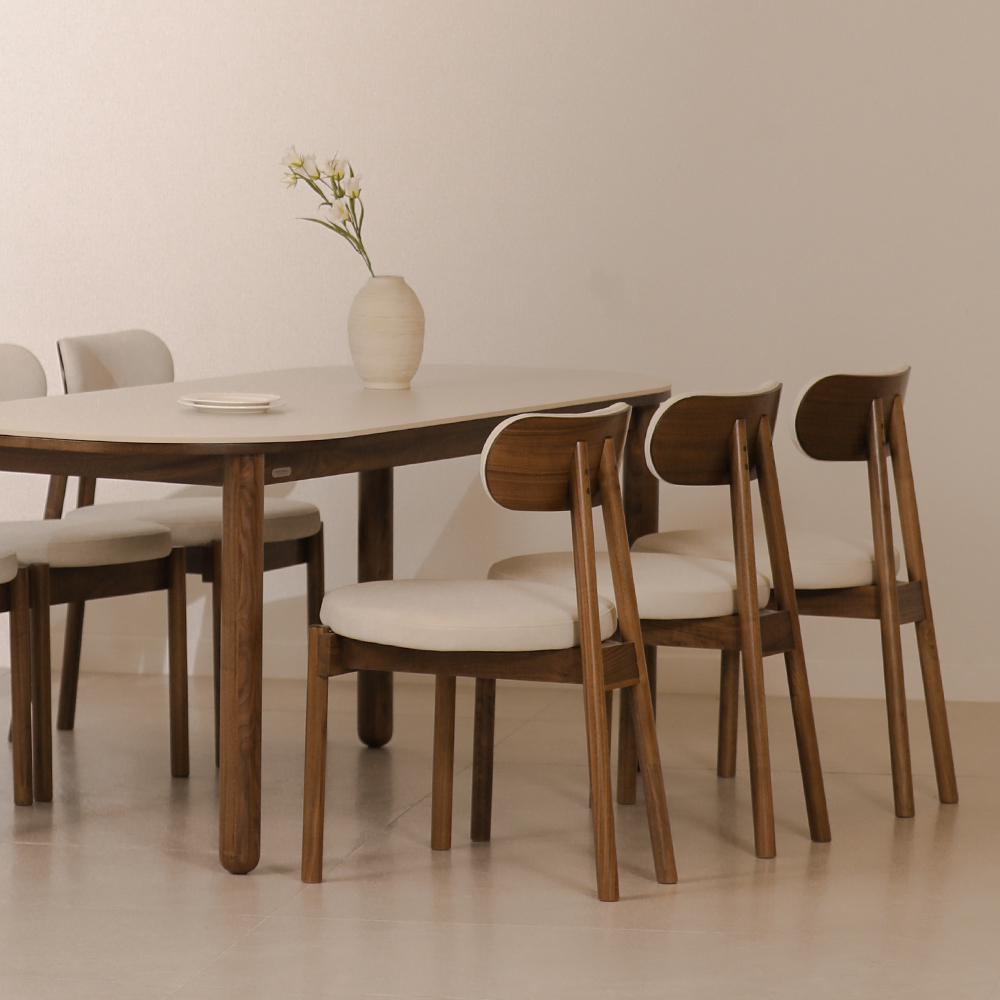 라미에스 유니 월넛 호두나무 포세린 세라믹 라운드 식탁세트 6인용 1800 의자3 벤치1