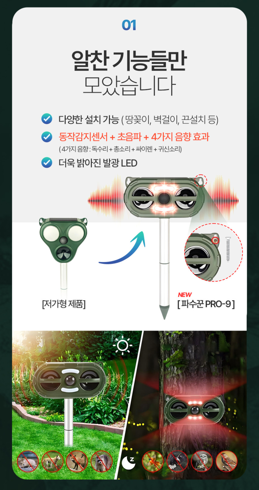 멧돼지 퇴치기 야생동물 퇴치 고라니 조류 뱀 고양이 쥐 두더지 태양광 까마귀 까치 파수꾼 판매처 상세 정보 이미지 3