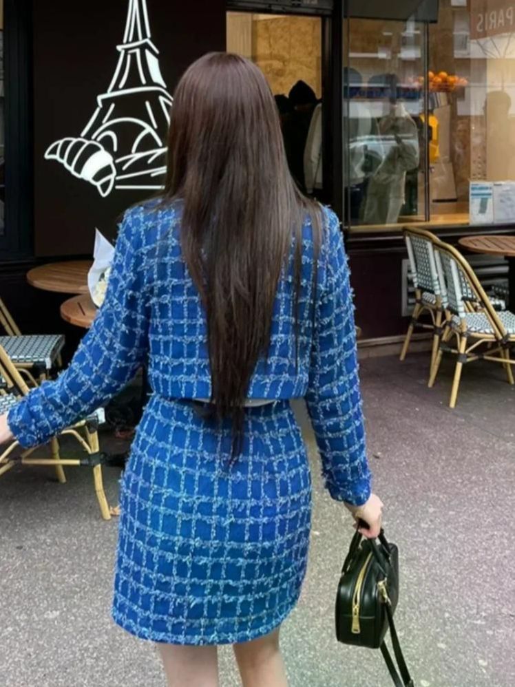 무료반품 여성 투피스 긴 소매 자른 자켓 탑 하이 웨이스트 엉덩이 덮는 짧은 치마 젊은 여성을위한 패션 블루 스커트 M - 상세 이미지 2