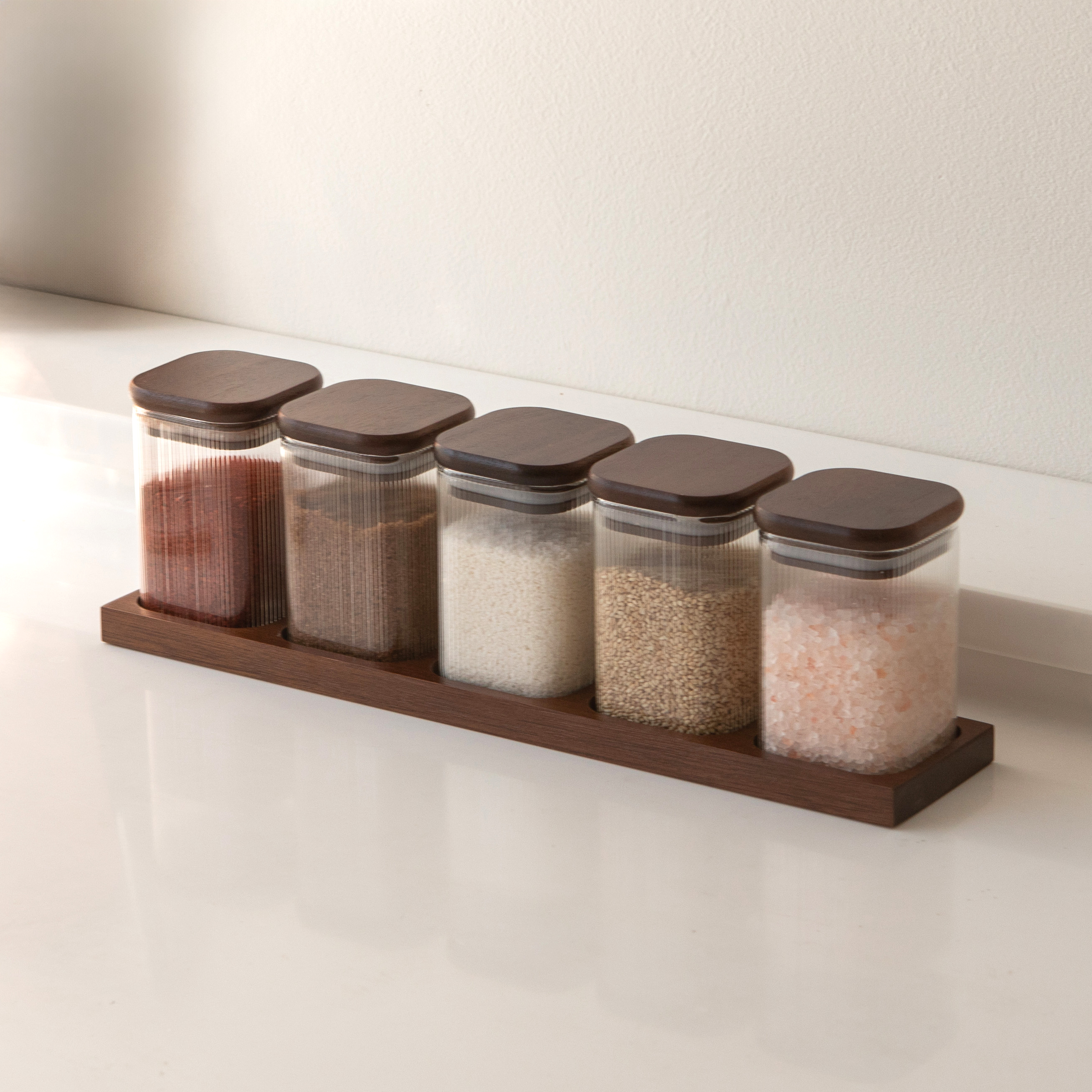 우드시엘 양념통 유리 조미료통 양념통세트 5개 양념병 받침대 세트