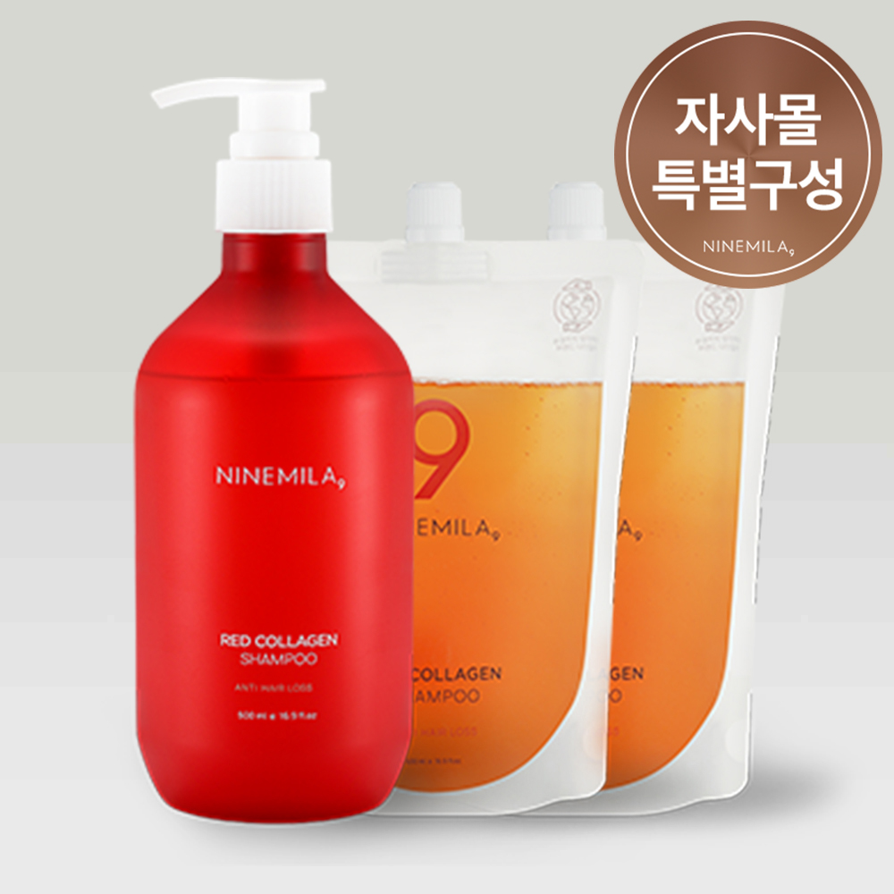 나인밀라 레드콜라겐 손상모발용 탈모샴푸 본품 (+ 리필 추가선택) 그린로즈향, 500ml, 3개