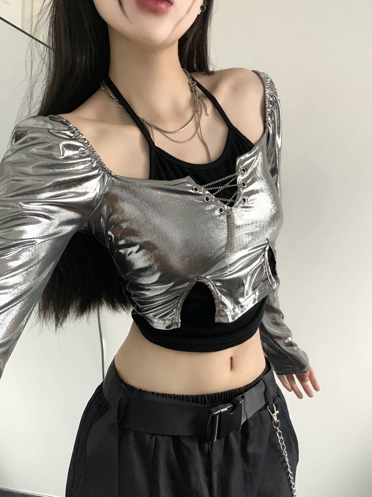 레이어드 실버 체인 사이버 블링블링 댄스 무대 크롭티셔츠 - 상세 이미지 5