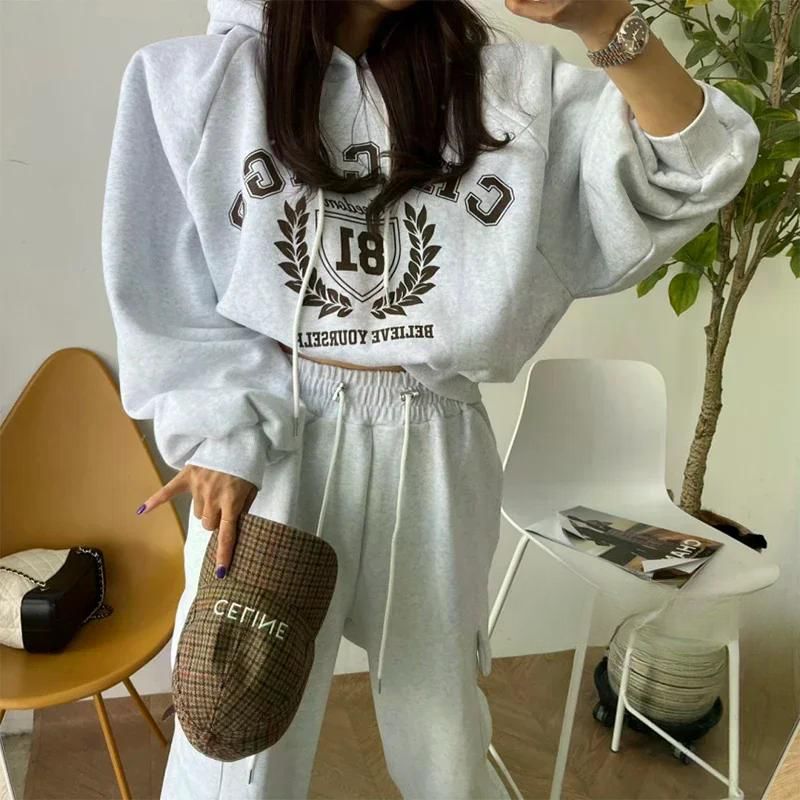 무료반품 여성 후드 프린트 스웨트 하이 웨이스트 슬리밍 여성용 다목적 와이드 레그 캐주얼 라이트 그레이