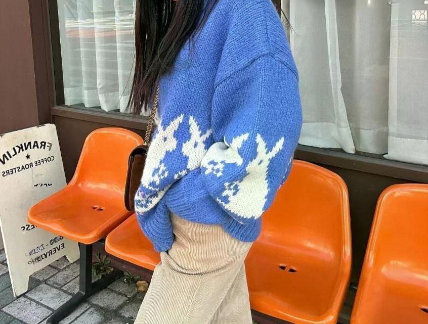 무료반품 겨울 옷깃 지퍼 두꺼운 느슨한 빈티지 토끼 자수 유휴 카디건 스웨터 자켓 여성용 블루 - 상세 이미지 5