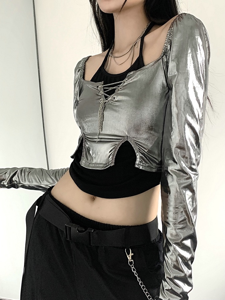 레이어드 실버 체인 사이버 블링블링 댄스 무대 크롭티셔츠 - 상세 이미지 3