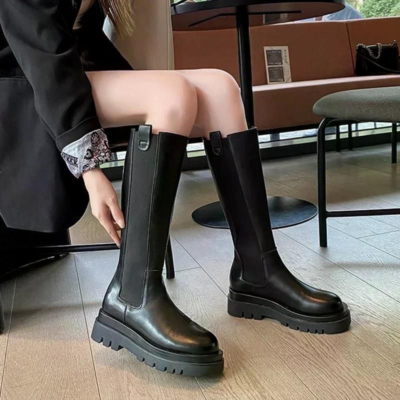 무료반품 여성 미끄럼 방지 방수 지퍼 하이 부츠 PU 가죽 무릎 높이 청키 플랫폼 롱 겨울 패션 Black 35 - 상품 이미지