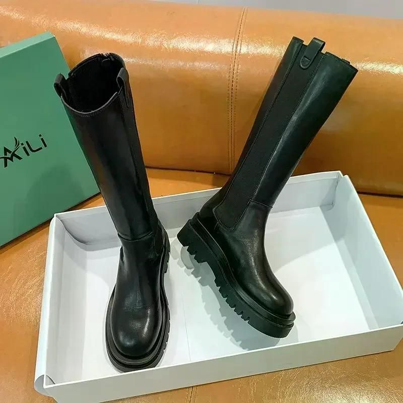 무료반품 여성 미끄럼 방지 방수 지퍼 하이 부츠 PU 가죽 무릎 높이 청키 플랫폼 롱 겨울 패션 Black 35 - 상세 이미지 2