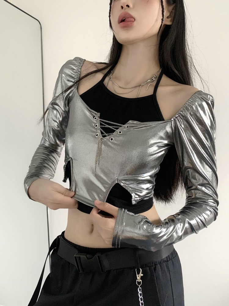 레이어드 실버 체인 사이버 블링블링 댄스 무대 크롭티셔츠 - 상세 이미지 4