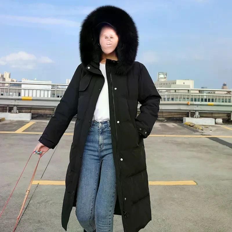 여성용 롱 다운 코튼 파카 코트 루즈핏 모피 후드 따뜻한 롱패딩 2024 신상 겨울 화이트 S - 상세 이미지 5