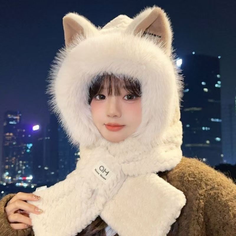 토끼 후드 머플러 바라클라바 목도리 여성용 겨울 동물 뾰족귀 카키 - 상품 이미지