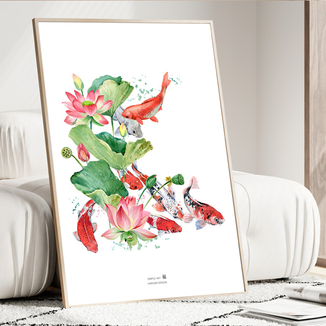 합격기원 풍수지리 생기 황금 연꽃 잉어 그림 액자 01 A4 - 상품 이미지