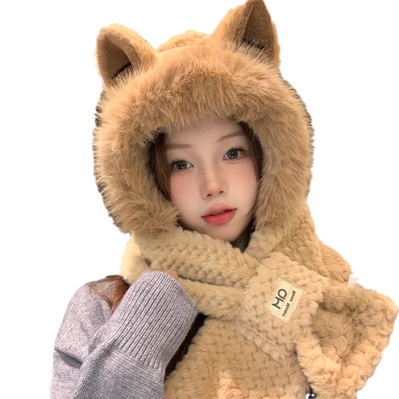 토끼 후드 머플러 바라클라바 목도리 여성용 겨울 동물 뾰족귀 카키 이미지 6