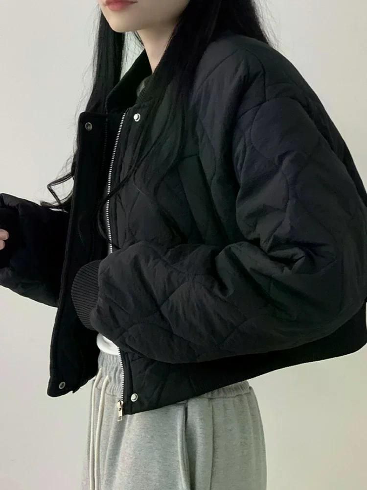우아한 스타일 자른 아가일 패턴 코튼 코트 여성 겨울 루즈핏 숏패딩 24FW 블랙 XL - 상세 이미지 5