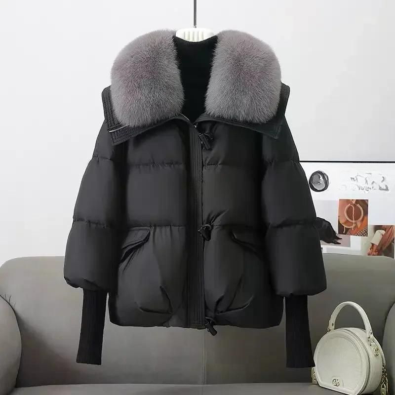 여성용 숏 다운 패딩 재킷 모피 24FW 코튼 코트 블랙 캐주얼 겉옷 2025 겨울 신상 블랙 M - 상품 이미지