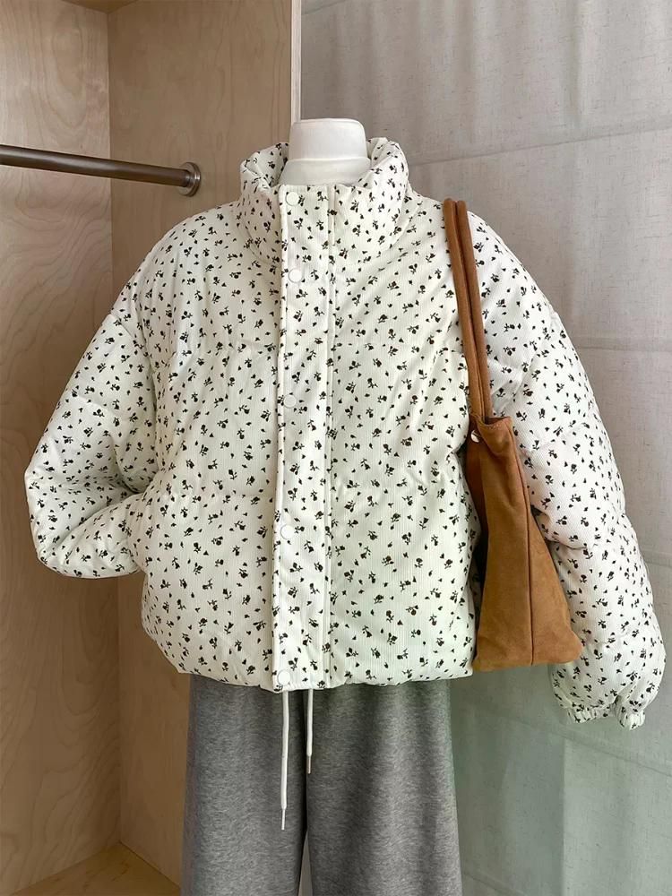 레나 레트로 귀여운 작은 꽃무늬 따뜻한 겨울용 두꺼운 보온성 있는 패션 패딩 코튼 재킷 단일 무늬 (플라워 패턴) S - 상세 이미지 3