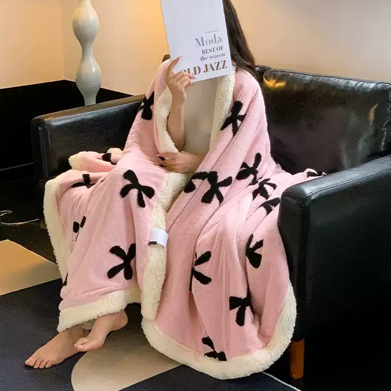 귀여운 리본 핑크담요 극세사 발레코어 가을 겨울 가짜양털 힙한 귀여운 무드 디자인 3컬러 - 상세 이미지 4