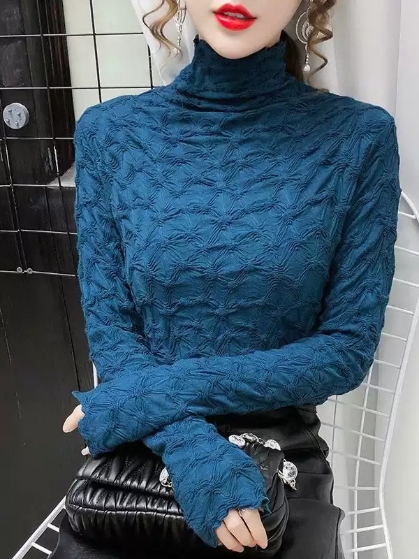 자카드패턴 레이어드 목폴라블라우스 예쁜디자인 원피스뷔스티에레이어드 슬림핏 가을 겨울 4컬러 - 상세 이미지 4