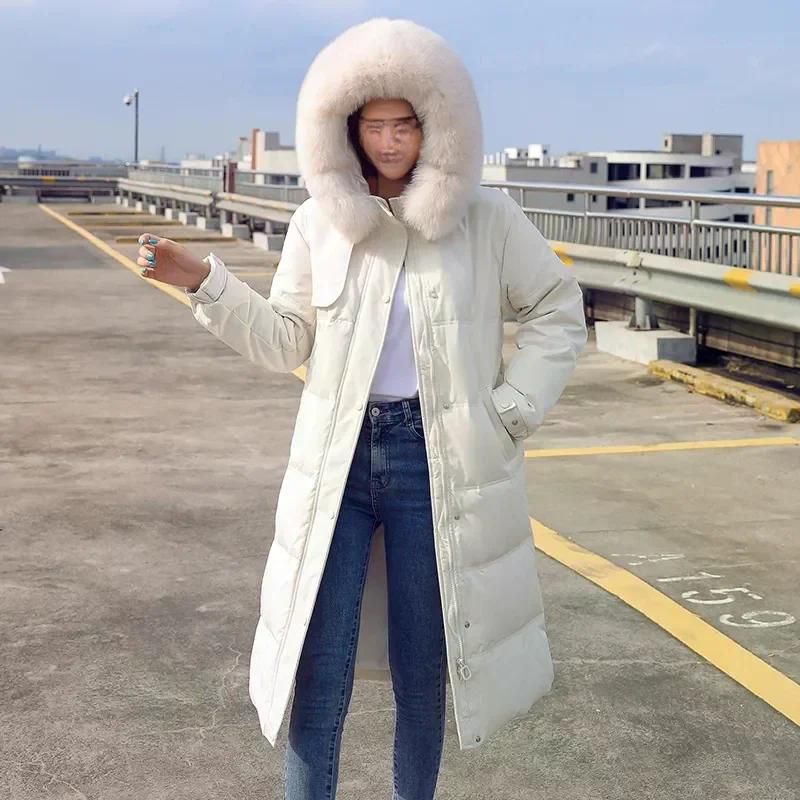 여성용 롱 다운 코튼 파카 코트 루즈핏 모피 후드 따뜻한 롱패딩 2024 신상 겨울 화이트 S 이미지 6