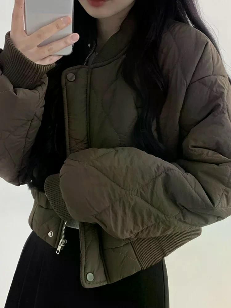 우아한 스타일 자른 아가일 패턴 코튼 코트 여성 겨울 루즈핏 숏패딩 24FW 블랙 XL - 상세 이미지 2
