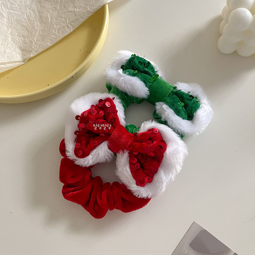 스팽글 왕리본머리끈 벨벳스크런치 크리스마스 헤어슈슈 - 상세 이미지 3