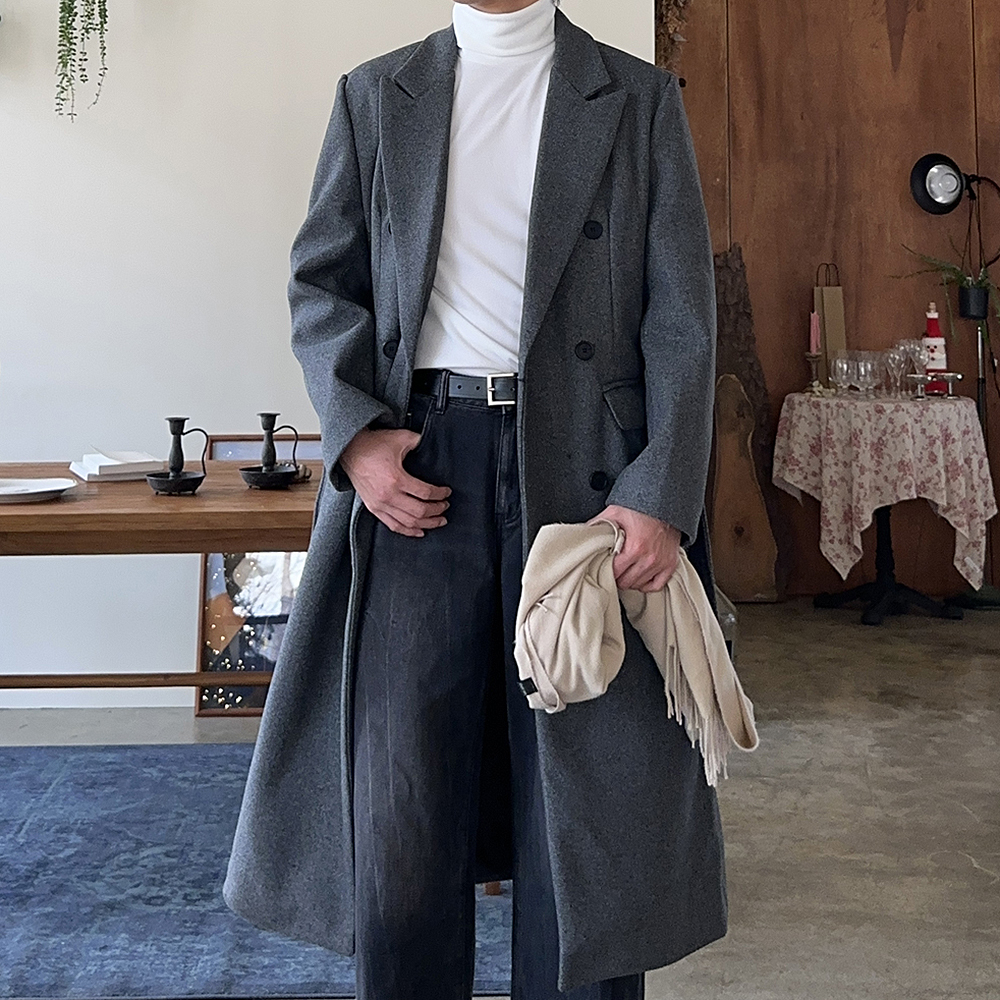 남자 롱 코트 오버핏 울 로브 캐시미어 남자 겨울 코트