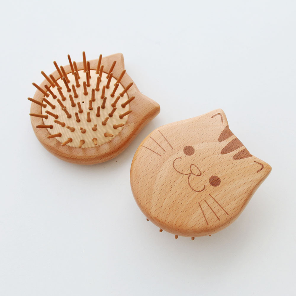 고양이 미니 우드 헤어브러쉬 귀여운 두피마사지 빗 나무 머리빗 휴대용