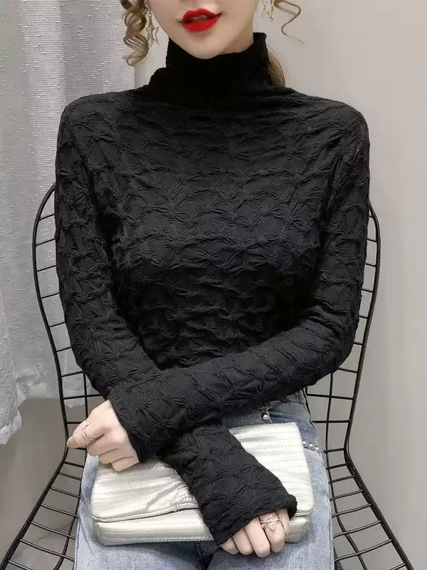 자카드패턴 레이어드 목폴라블라우스 예쁜디자인 원피스뷔스티에레이어드 슬림핏 가을 겨울 4컬러 - 상세 이미지 2