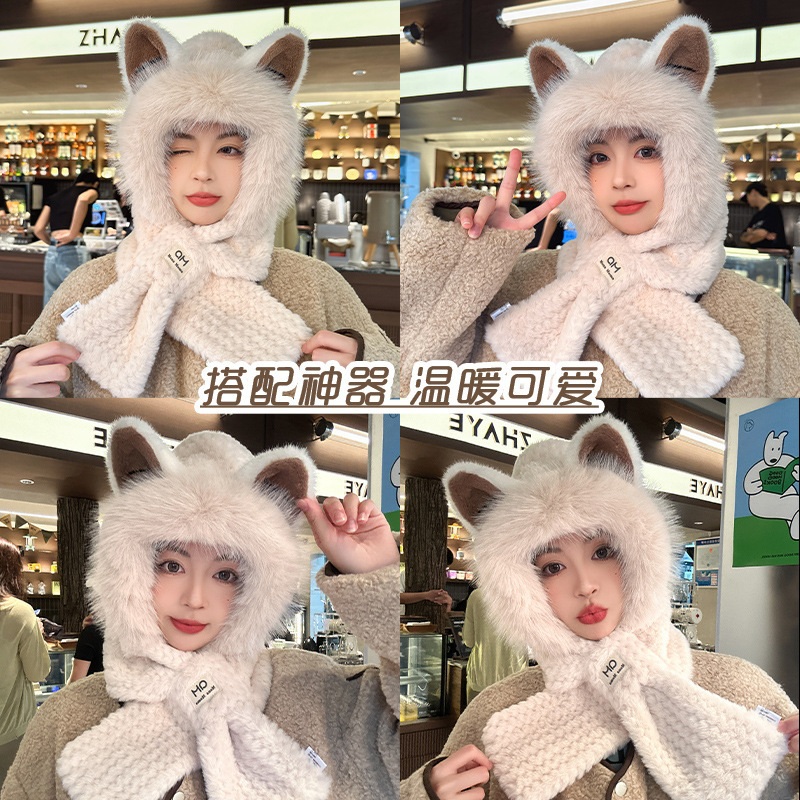 토끼 후드 머플러 바라클라바 목도리 여성용 겨울 동물 뾰족귀 카키 - 상세 이미지 4