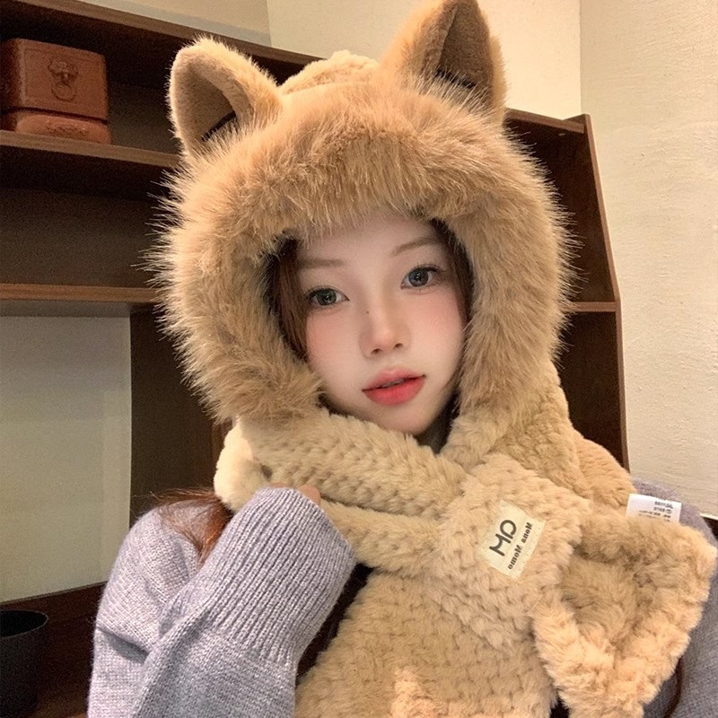 토끼 후드 머플러 바라클라바 목도리 여성용 겨울 동물 뾰족귀 카키 이미지 7