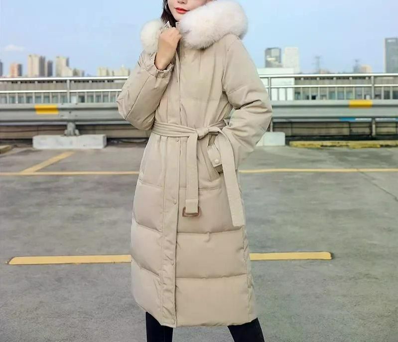 여성용 롱 다운 코튼 파카 코트 루즈핏 모피 후드 따뜻한 롱패딩 2024 신상 겨울 화이트 S - 상세 이미지 3