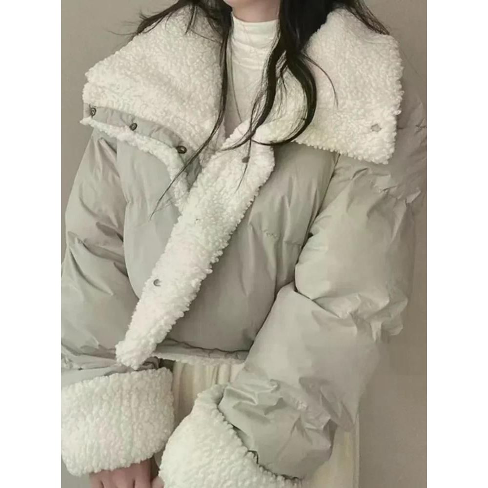 여성 리버시블 양모스타일 코튼 패딩 긴 소매 루즈 피트 양면 착용 겨울 코트 겉옷 숏 24FW 핑크 프리 - 상품 이미지
