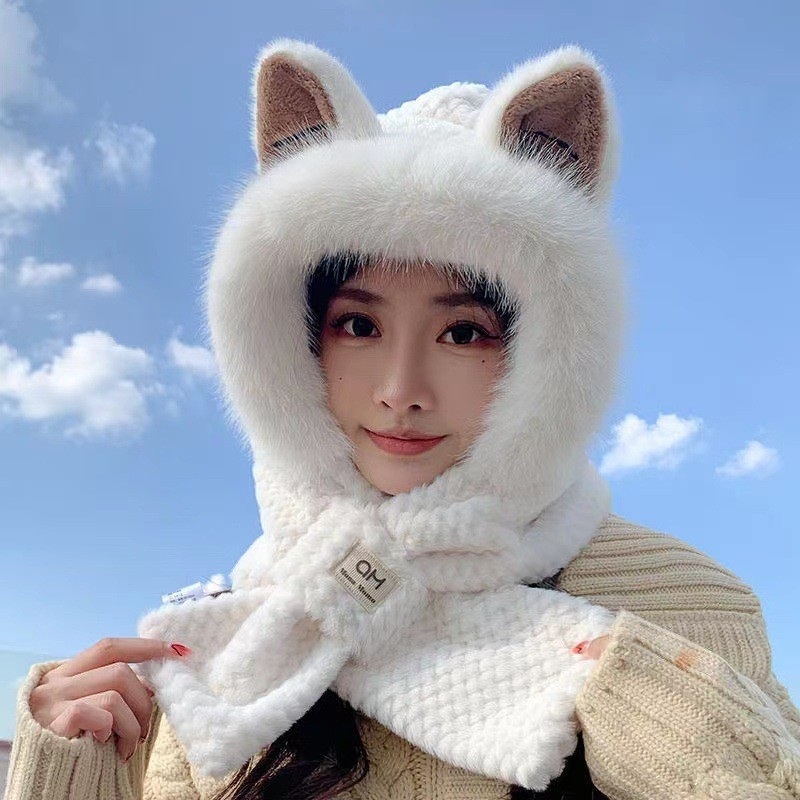 토끼 후드 머플러 바라클라바 목도리 여성용 겨울 동물 뾰족귀 카키 이미지 8