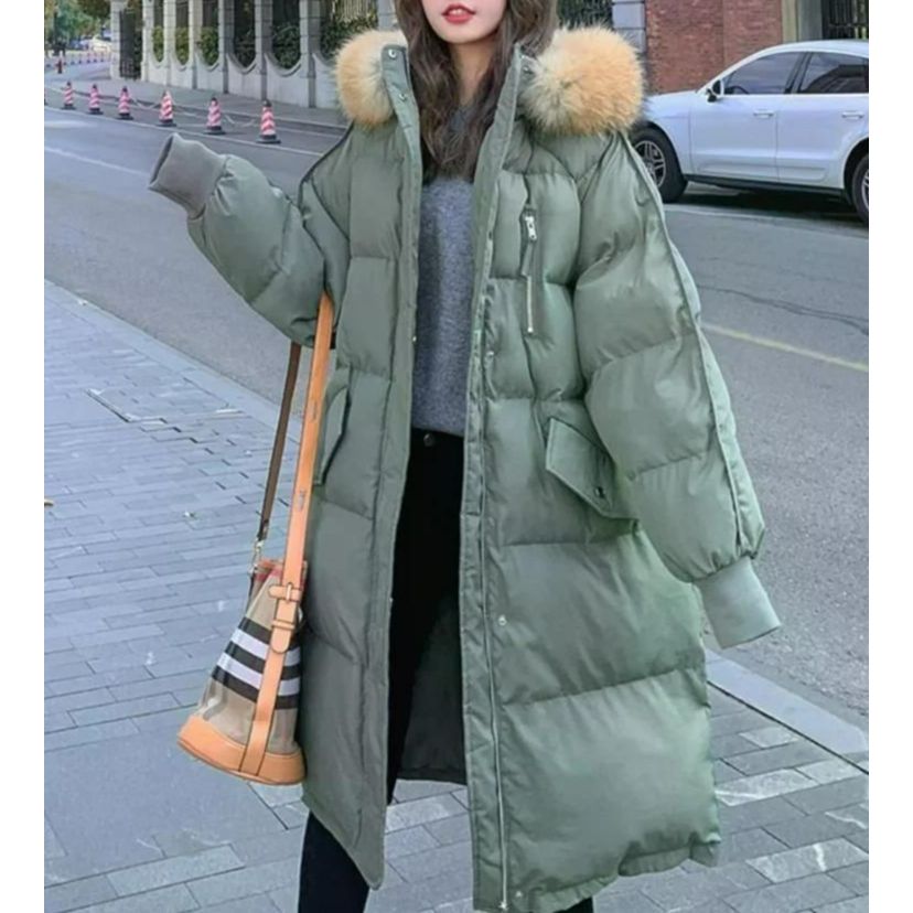 2024 롱패딩 퍼 스타일 여성 코튼 패딩 자켓 긴 소매 채워진 메모리 패브릭 코트 밀리터리 그린 94-100kg