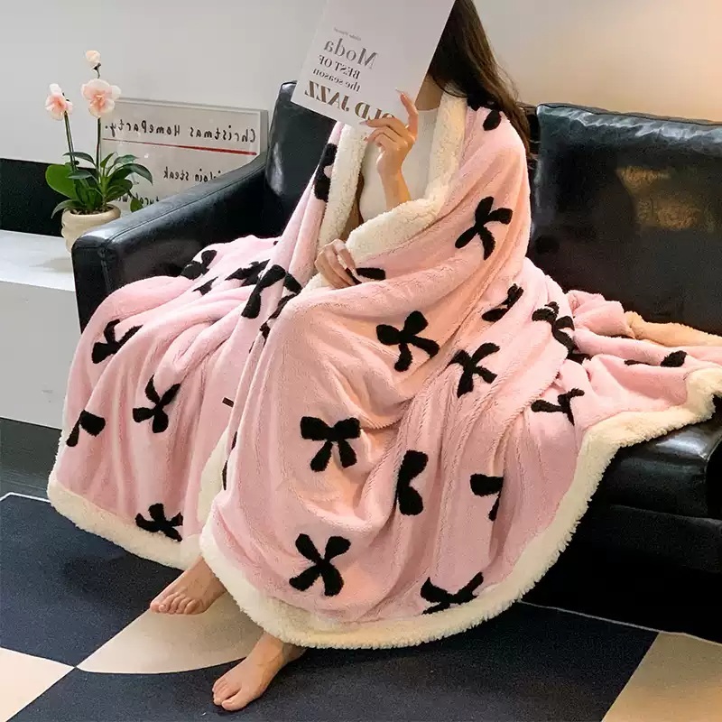 귀여운 리본 핑크담요 극세사 발레코어 가을 겨울 가짜양털 힙한 귀여운 무드 디자인 3컬러 - 상품 이미지