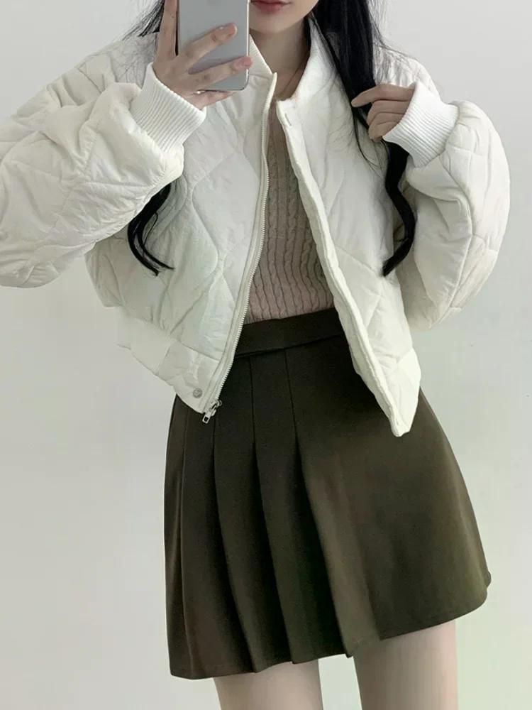 우아한 스타일 자른 아가일 패턴 코튼 코트 여성 겨울 루즈핏 숏패딩 24FW 블랙 XL - 상세 이미지 3