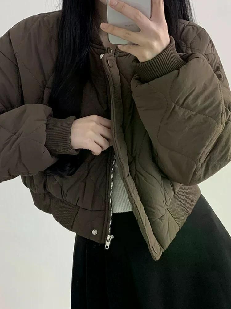 우아한 스타일 자른 아가일 패턴 코튼 코트 여성 겨울 루즈핏 숏패딩 24FW 블랙 XL - 상세 이미지 4