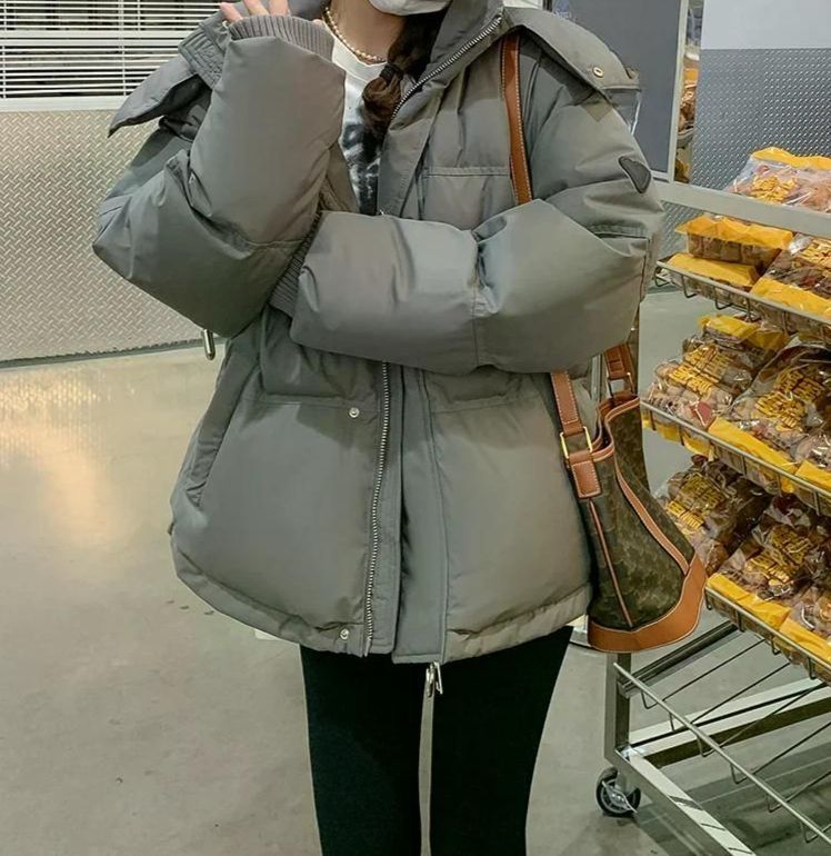 다운 패딩 코트 여성 숏 패딩 한국어 버전 후드 두꺼운 코튼 2024fw 겨울 겉옷 그레이 L - 상세 이미지 3