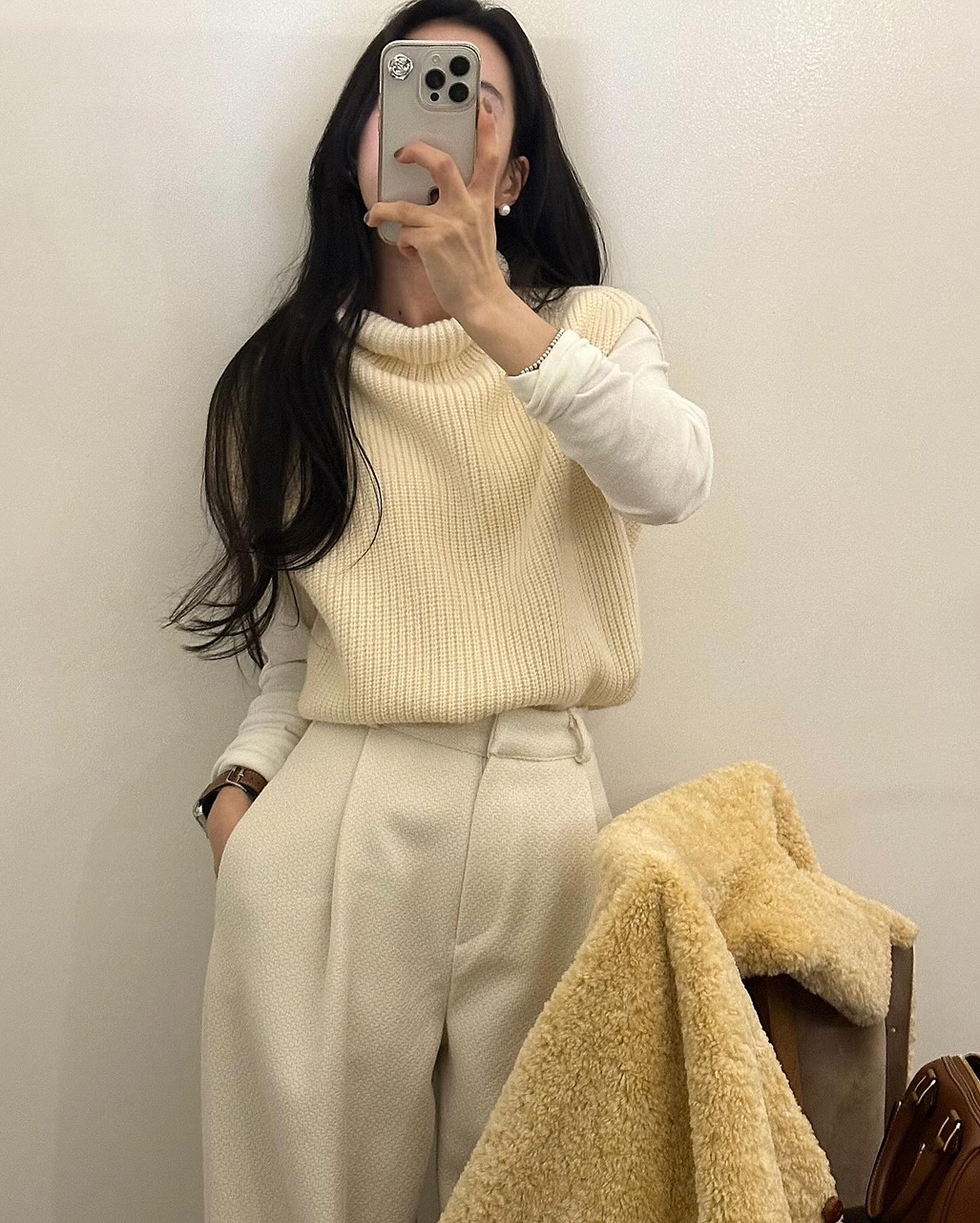 웨켄 여성 겨울 울 캐시미어 이너 레이어드 오버핏 루즈핏 골지 터틀넥 목폴라 조끼 - 상세 이미지 2