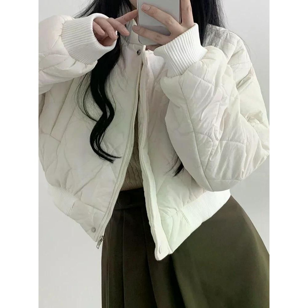 우아한 스타일 자른 아가일 패턴 코튼 코트 여성 겨울 루즈핏 숏패딩 24FW 블랙 XL - 상품 이미지