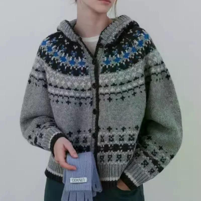 노르딕 자카드 레트로 스웨터 후디드 짧은 겨울 디자인 두꺼운 스타일 니트 가디건 가을 겨울 그레이 싱글 사이즈 - 상세 이미지 4