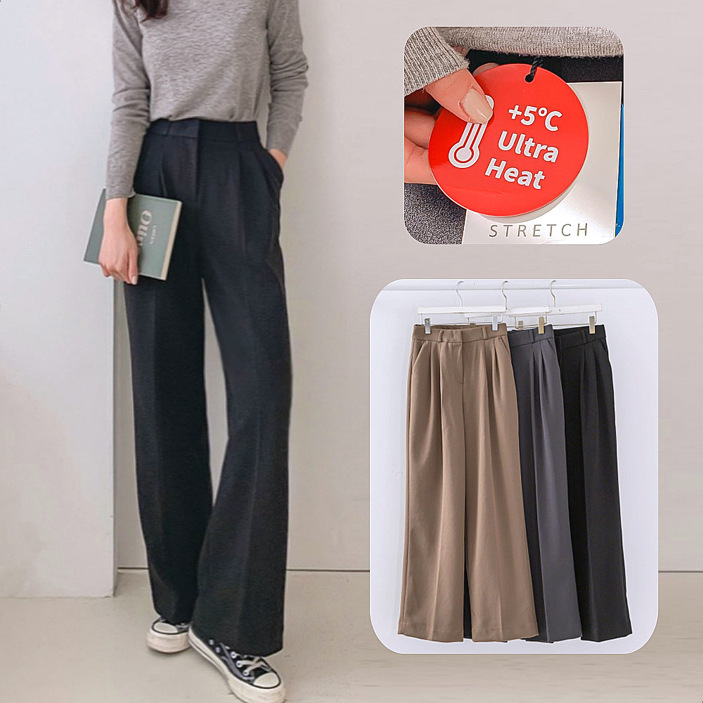 로라벨 켈든 기모바지 슬랙스 와이드팬츠 여성 겨울 밴딩 핀턱 세미 부츠컷 하이웨스트 정장 제품 이미지