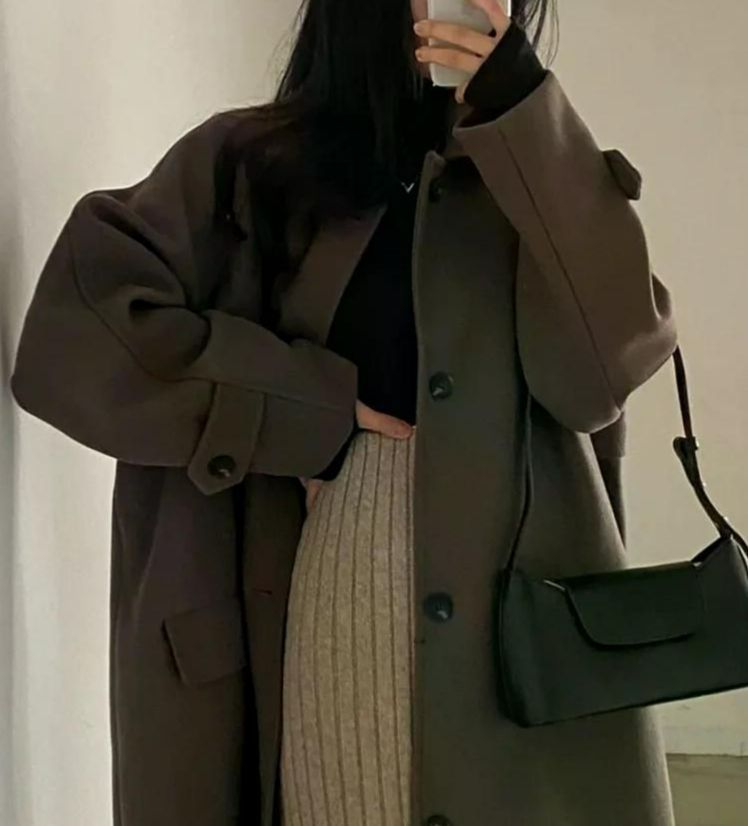 스타일 싱글 코트 오버핏 캐주얼 중간 길이 모직 자켓 오버 여성용 롱 롱코트 24FW 울 블랙 프리 사이즈 - 상세 이미지 4